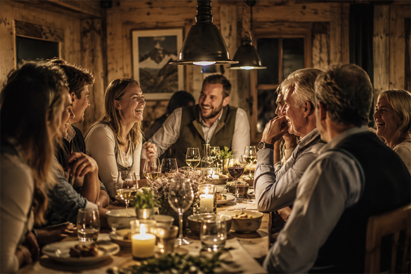 Abend im Chalet: eine Runde lachender Gäste an einer langen Tafel mit Kerzenlicht